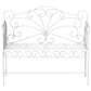 Cream white metal garden bench with scrollwork backrest, slatted seat, and side panels
