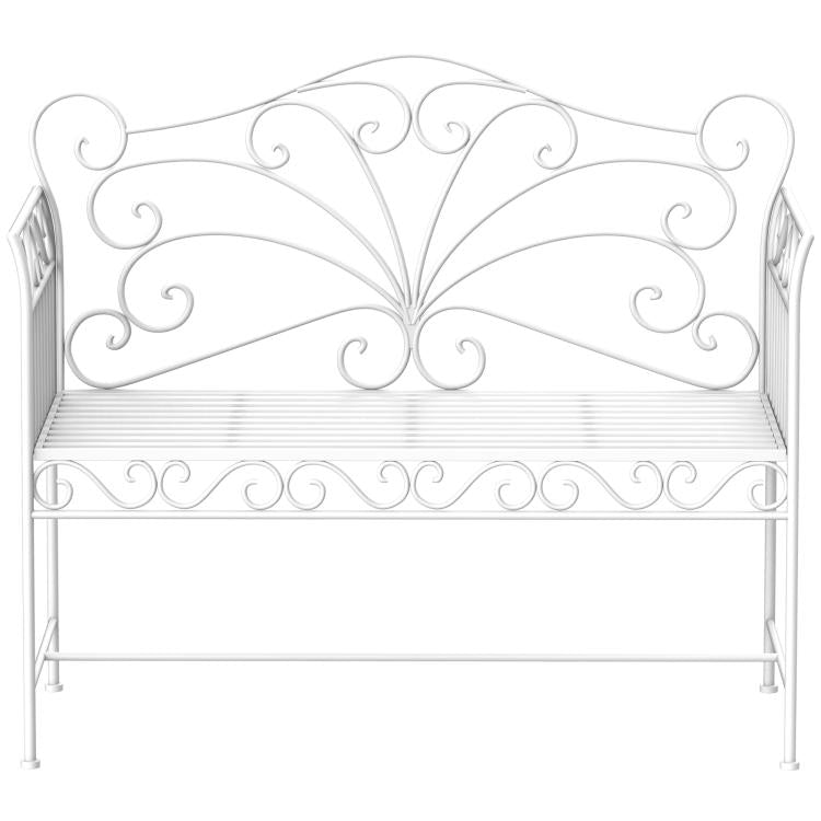 Cream white metal garden bench with scrollwork backrest, slatted seat, and side panels