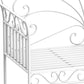 Cream white metal garden bench armrest with scrollwork and slatted seat