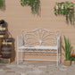 Cream white metal garden bench with decorative scroll backrest and armrests