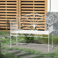 Cream white metal garden bench with scroll backrest, slatted seat, and armrests