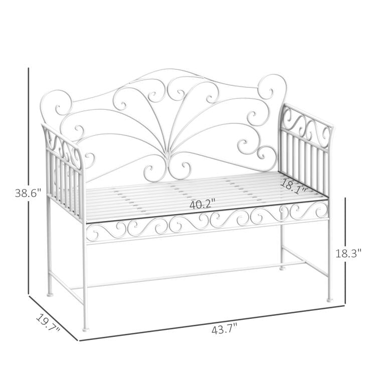 Cream white metal garden bench outline with armrests and slatted seat