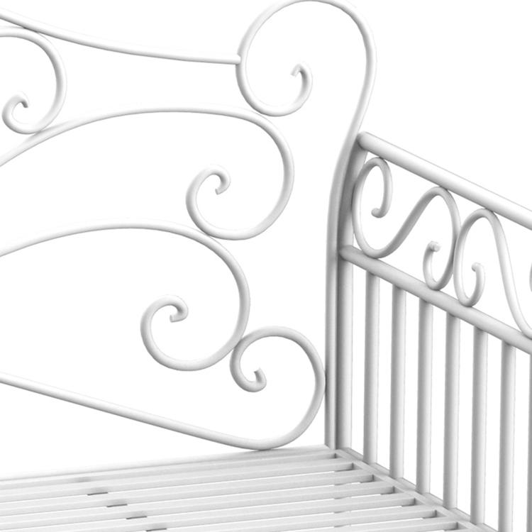Cream white metal bench armrest and side scrollwork with slatted seat