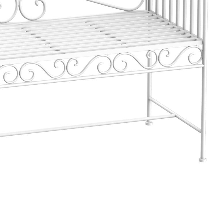 Cream white metal bench seat edge with scroll trim and support legs