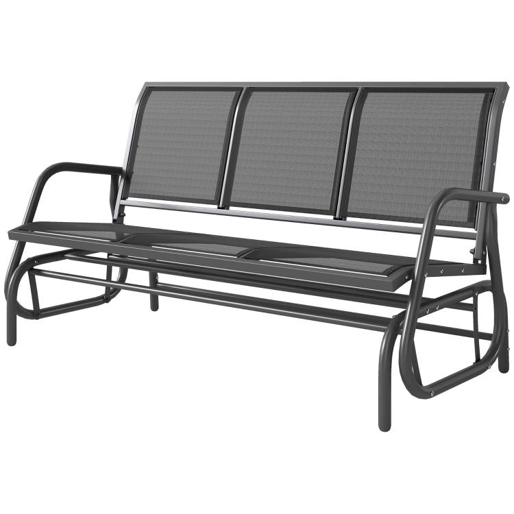 3-seat outdoor glider bench side view; black frame with dark mesh back panels