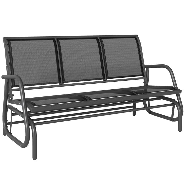 3-seat patio glider bench with black metal frame and dark mesh back panels