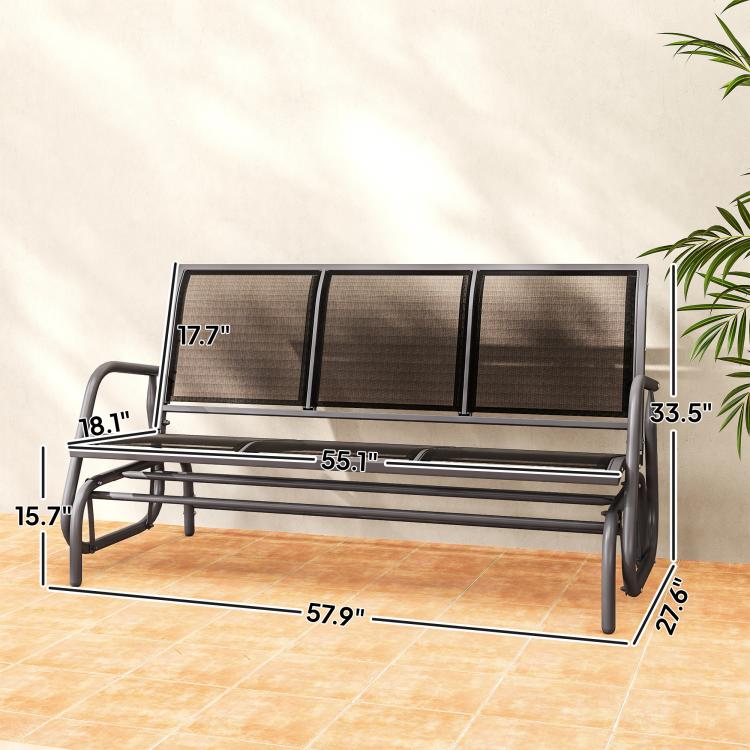 3-seat outdoor glider bench with dark mesh backrest, black metal legs and base