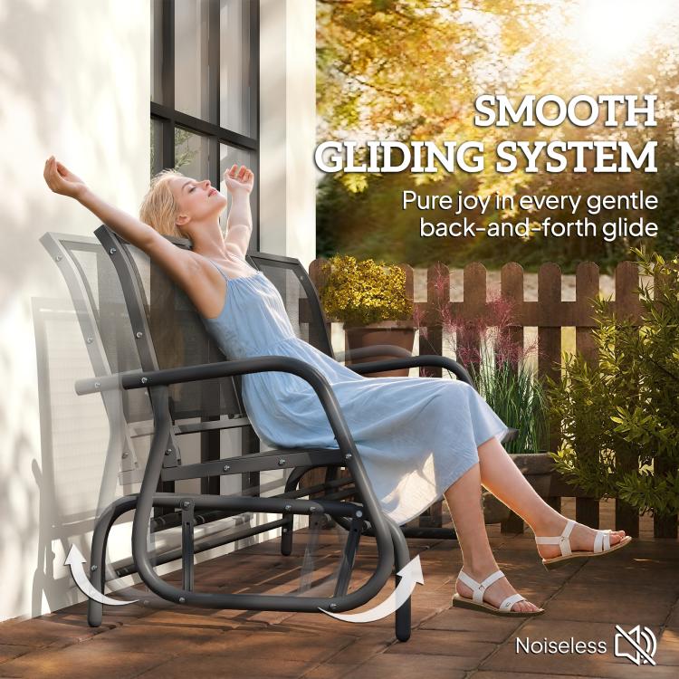 Outdoor patio glider bench with dark mesh back and black smooth-gliding base