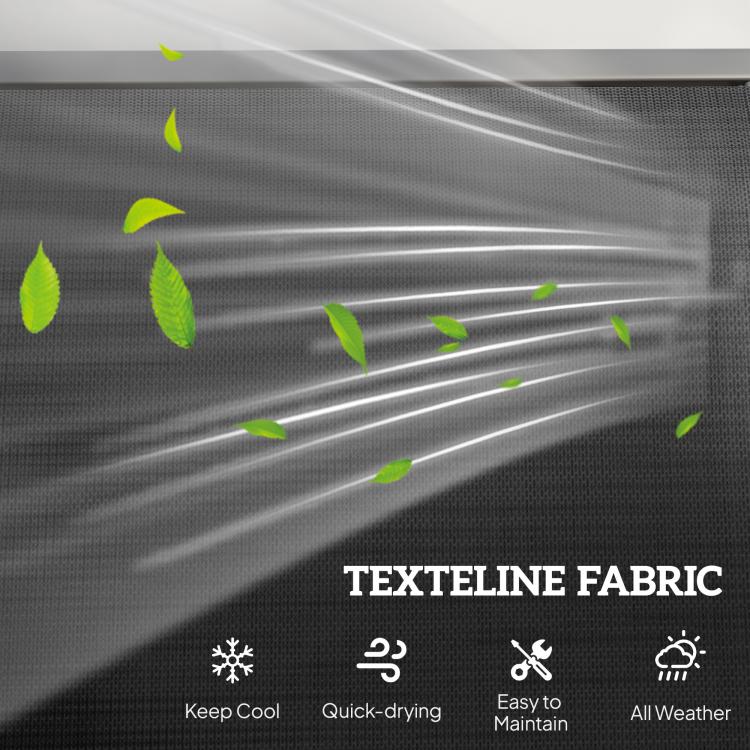 Breathable dark mesh fabric panel for glider bench backrest on black frame