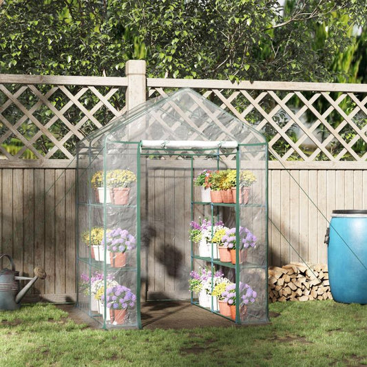 Clear greenhouse shelter with green frame, roll-up front access, and multiple shelf levels