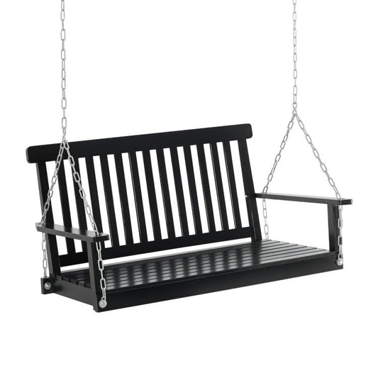 Black 2-seat hanging porch swing with slatted back and seat, supported by metal chains