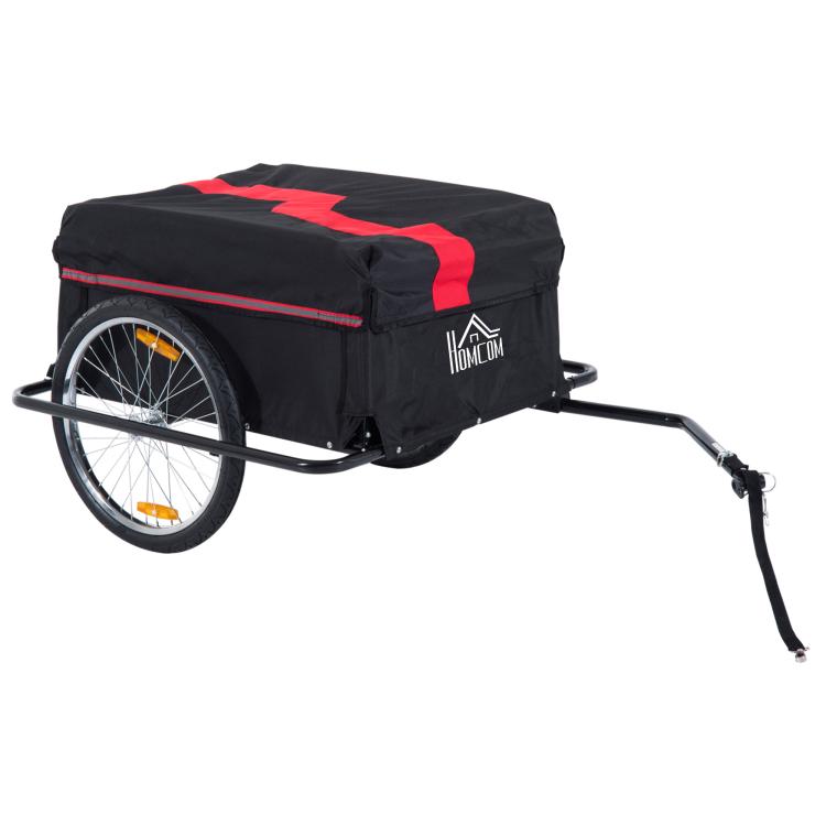Bicycle cargo trailer with black removable cover and red trim, two-wheel frame
