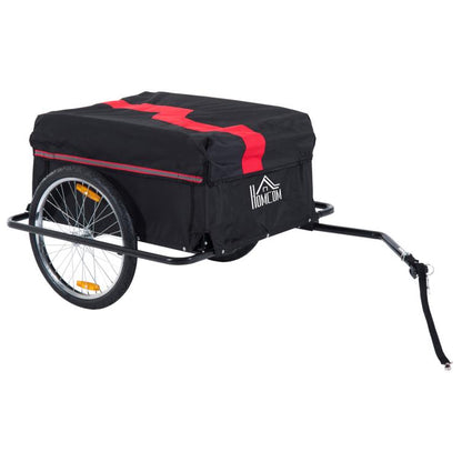Bicycle cargo trailer with black removable cover and red trim, two-wheel frame