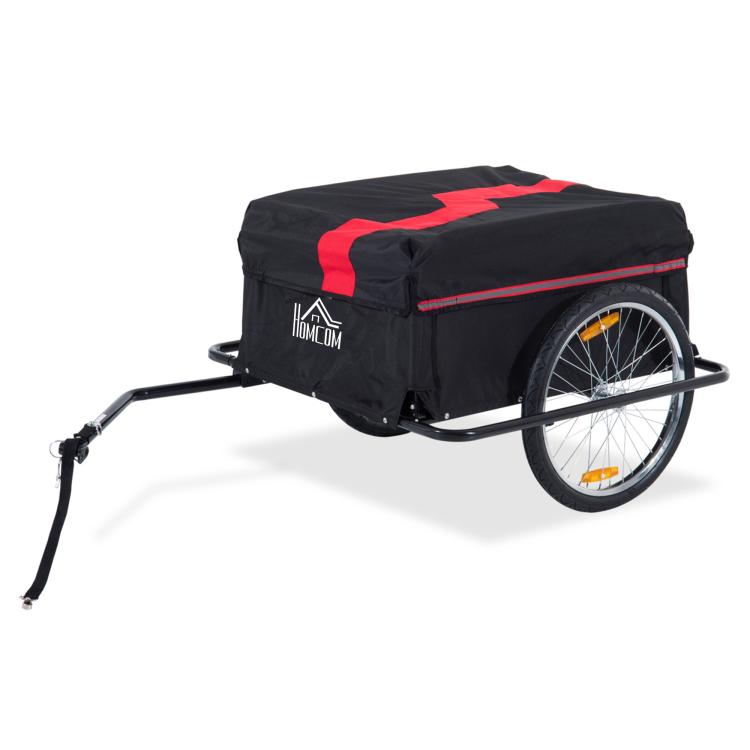 Two-wheel bicycle cargo trailer with black cover, red stripe detailing, hitch bar