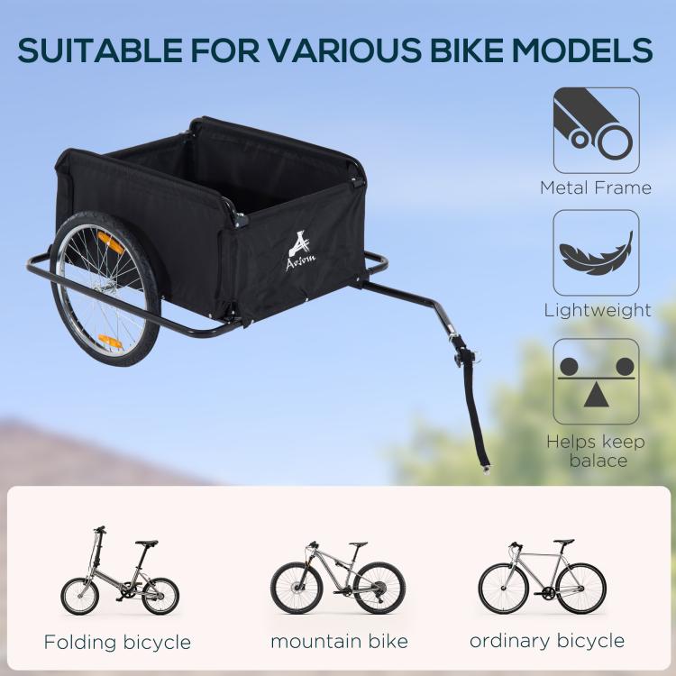 Black two-wheel bicycle cargo trailer with removable cover and metal hitch arm
