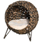 Elevated woven cat house with dark brown basket weave and cream upholstered cushion