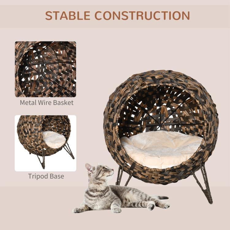Woven elevated cat bed with metal wire style basket frame and tripod base