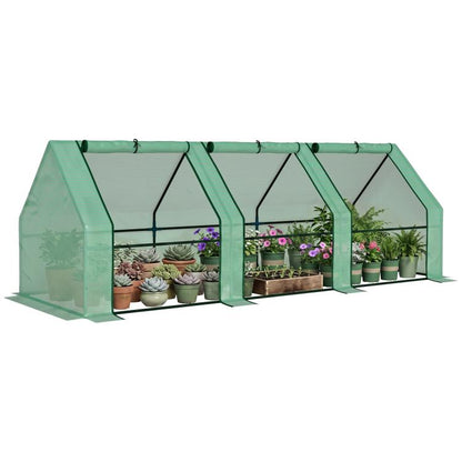 Portable mini greenhouse with green mesh cover and zipper door panels, open front view