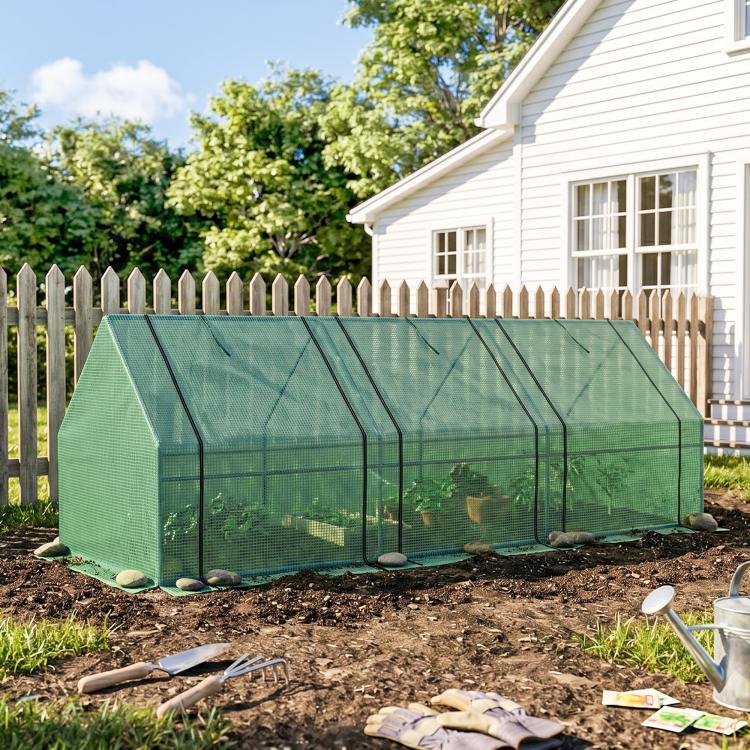Portable mini greenhouse with green PE cover and zipper front doors