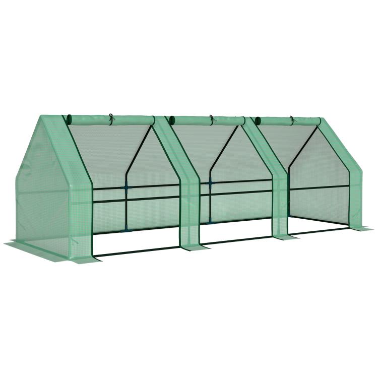 Portable mini greenhouse with green frame, green PE cover, and zipper-style door panels