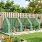 Green mesh mini greenhouse with open front door panels and potted plants along shelves
