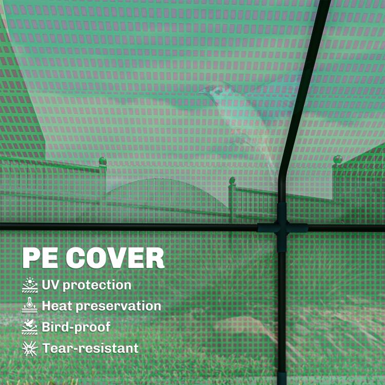 Green PE greenhouse cover panel with black metal crossbars and corner frame joint