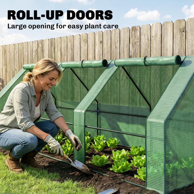 Mini greenhouse with large roll-up door panel and gardener tending plants inside