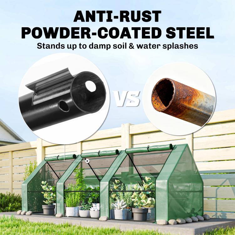 Green mesh greenhouse with anti-rust powder-coated steel frame, outdoor garden display