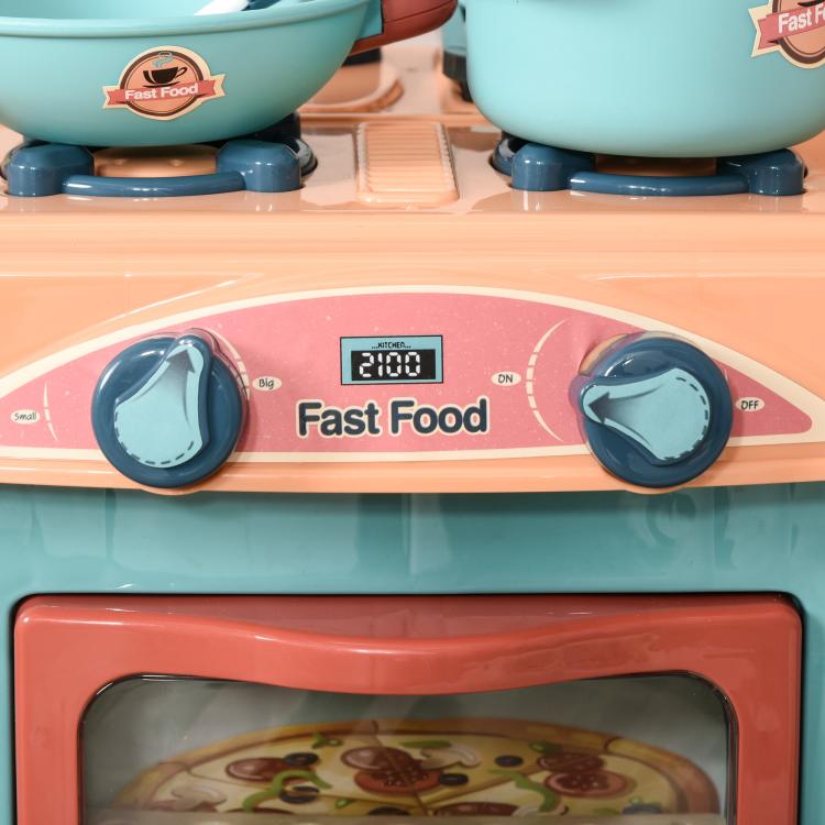 Kids play kitchen food stand front panel with 'Fast Food' sign and two knobs