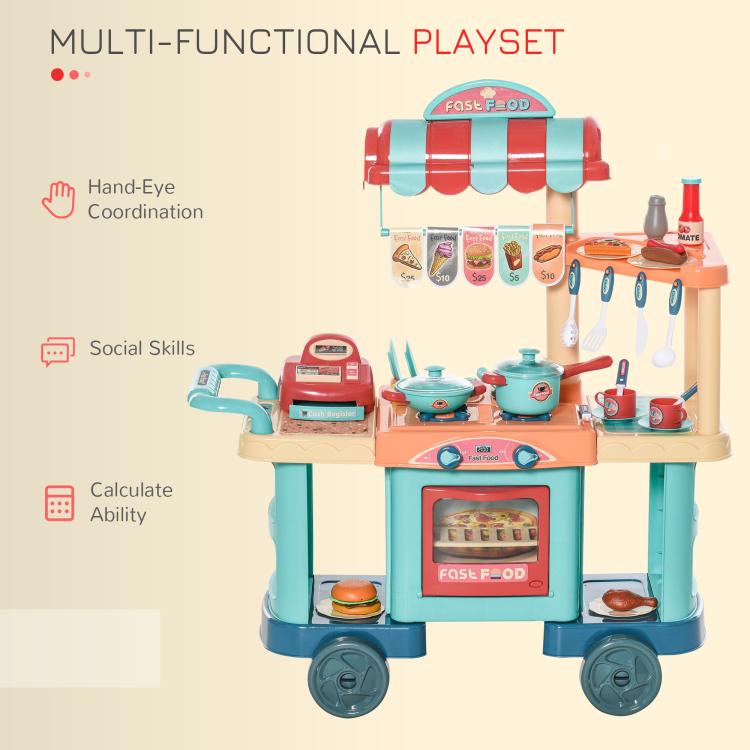 Multi-function kids play kitchen food stand cart with stove, oven window, and register