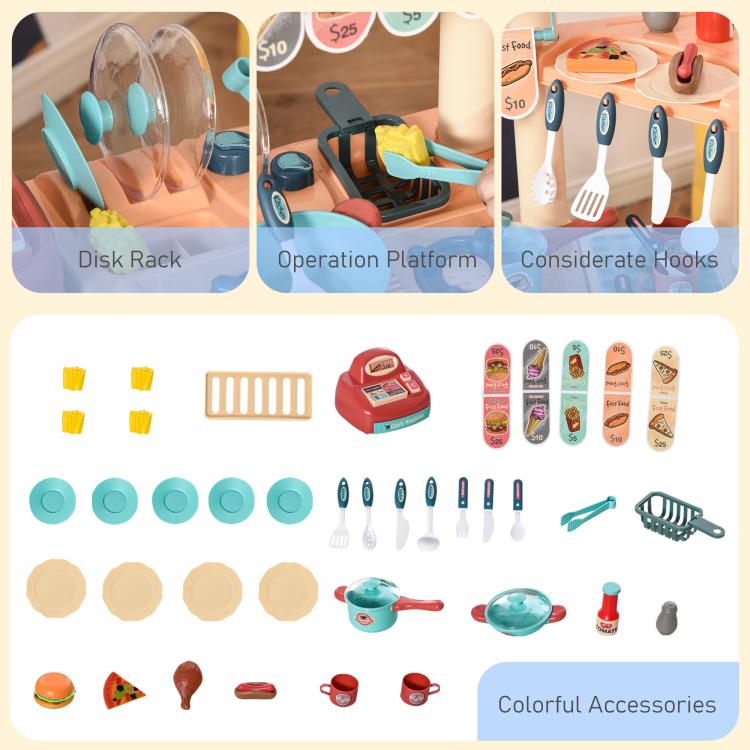 Kids play kitchen accessory set for food stand, including utensils, cookware, and food pieces