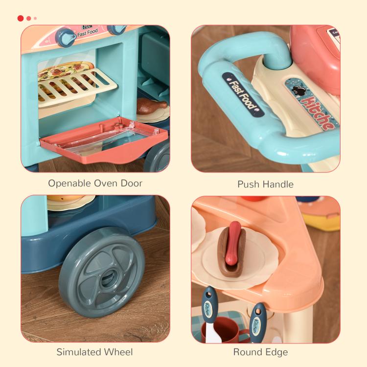Kids play kitchen food stand details: oven door, push handle, and simulated wheel