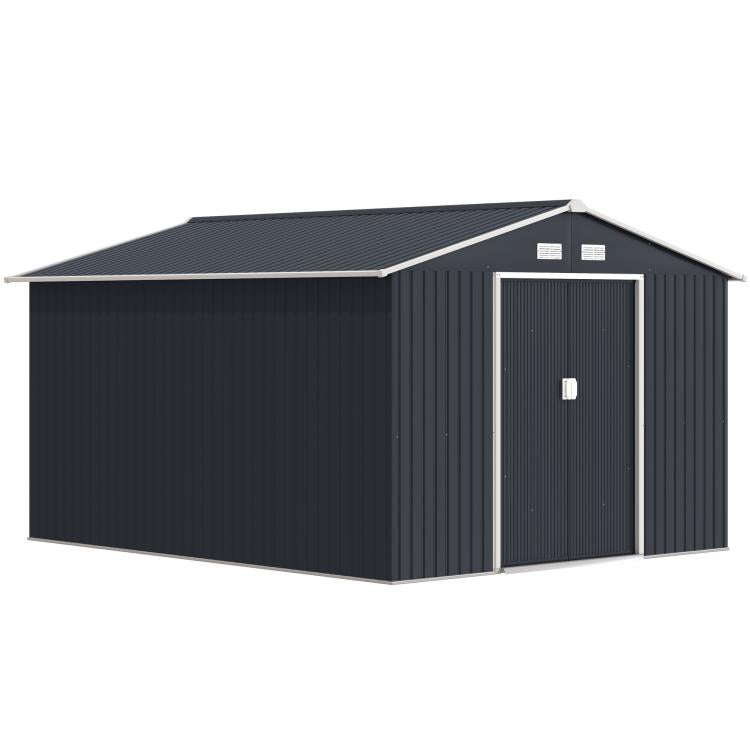 Dark gray metal outdoor storage shed with front door opening and sloped roof
