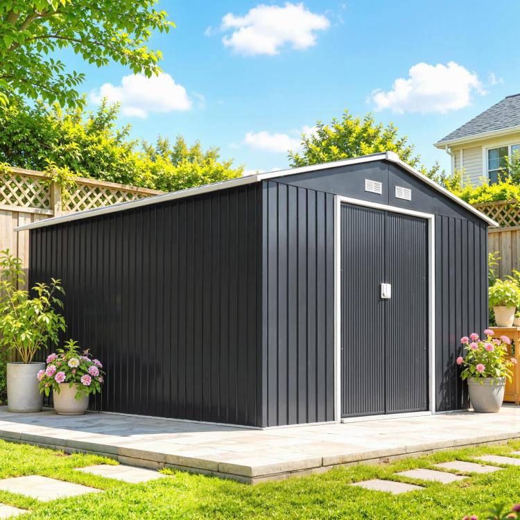 Dark gray metal outdoor storage shed with double lockable doors and gable roof