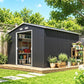 Dark gray metal storage shed with open double door showing interior shelves