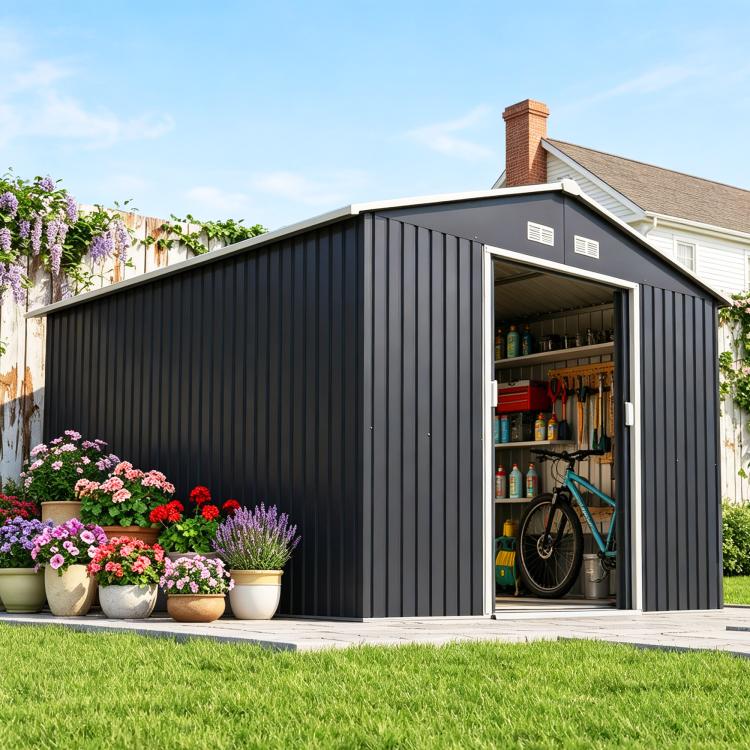 Dark gray metal storage shed with open side door and visible interior storage
