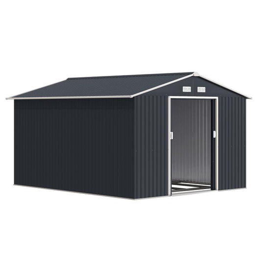 Dark gray metal outdoor storage shed with double lockable door and sloped roof