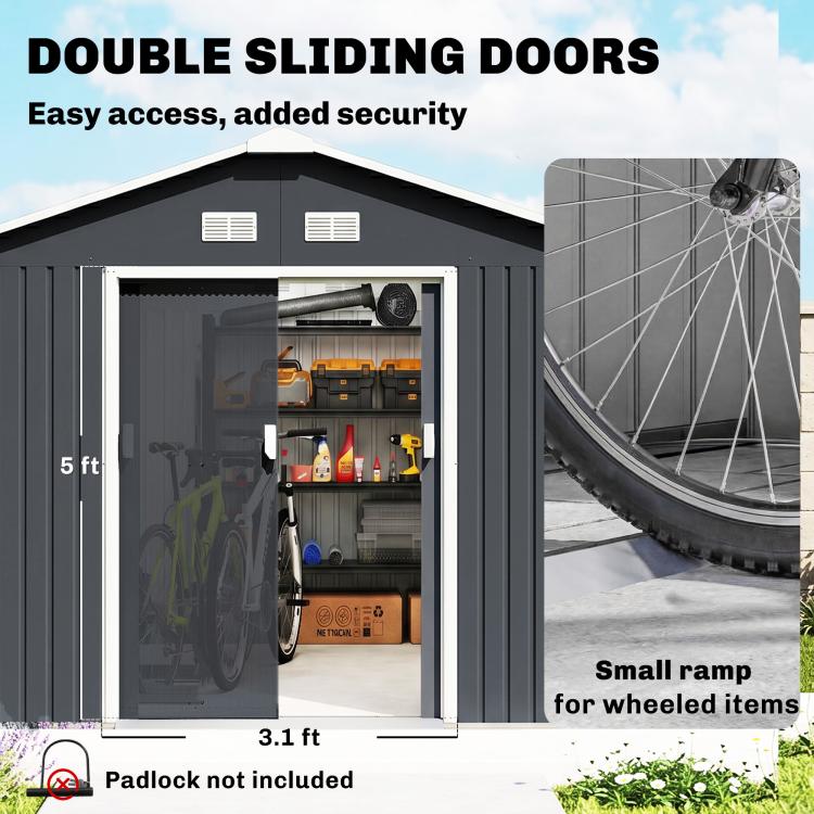 Metal shed with double sliding doors and small ramp illustration for wheeled items