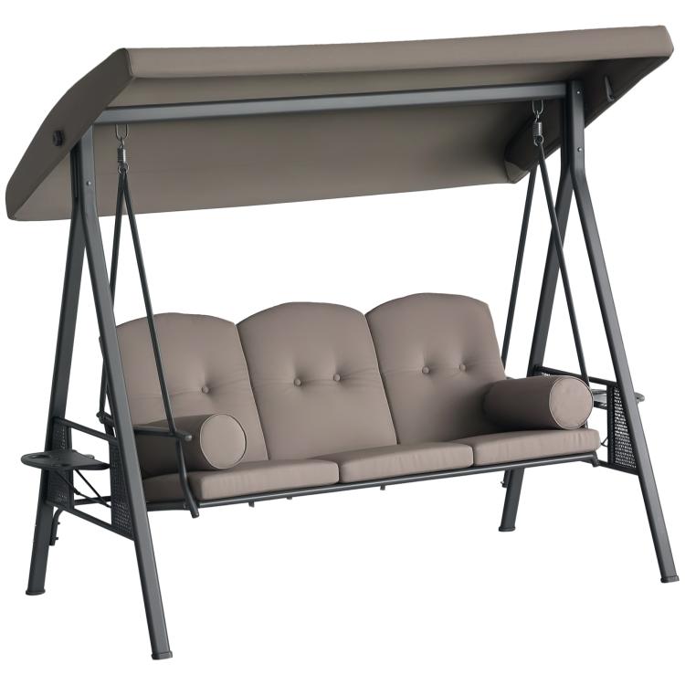 3-seat outdoor swing glider with dark frame, taupe cushions, and overhanging canopy