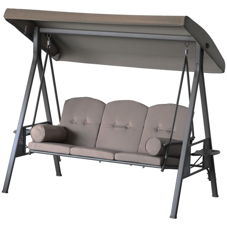 3-seat outdoor swing glider with adjustable canopy, dark frame, taupe back cushions