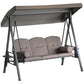 3-seat patio swing glider with brown frame, grey seat cushions, and canopy