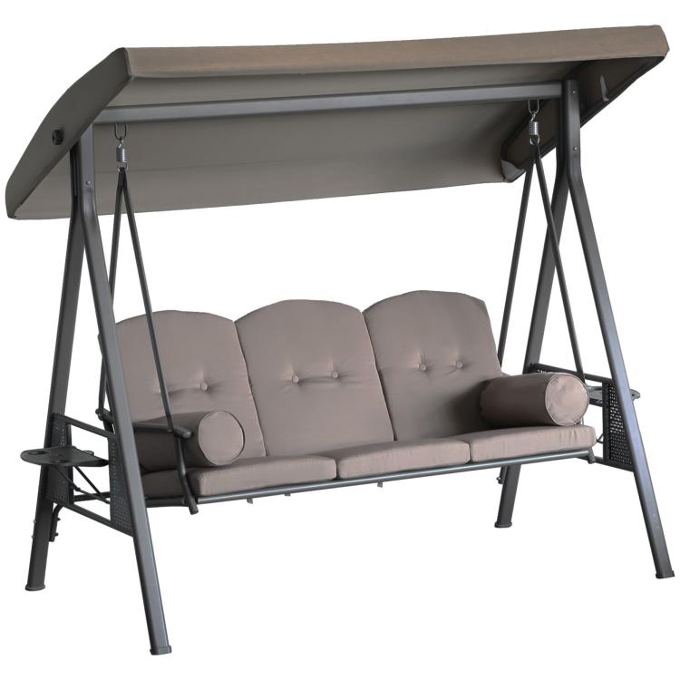 3-seat patio swing glider with brown frame, grey seat cushions, and canopy