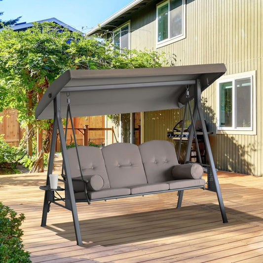 3-seat outdoor porch swing glider with overhanging canopy and taupe cushions on patio