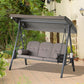 3-seat outdoor swing glider with dark frame and taupe seat cushions, canopy overhead