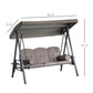 3-seat porch swing glider with adjustable canopy; taupe cushions on dark steel frame