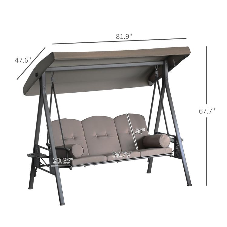 3-seat porch swing glider with adjustable canopy; taupe cushions on dark steel frame