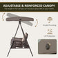 Outdoor swing glider with adjustable canopy, dark frame, and taupe seat with round pillows