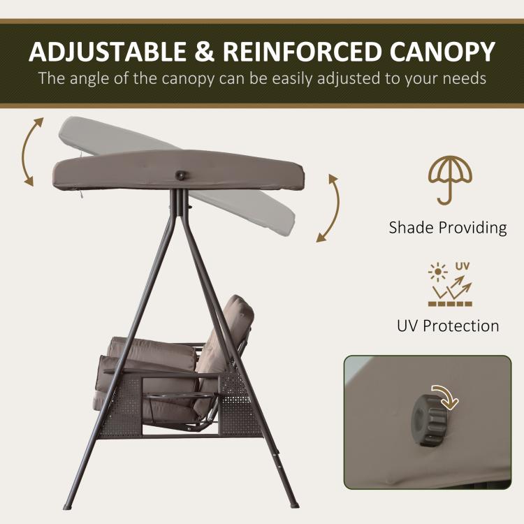 Outdoor swing glider with adjustable canopy, dark frame, and taupe seat with round pillows