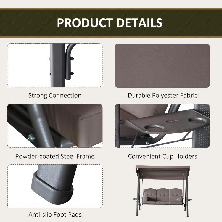 Detail view: dark steel frame with powder-coated finish, cup holders, and anti-slip foot pads