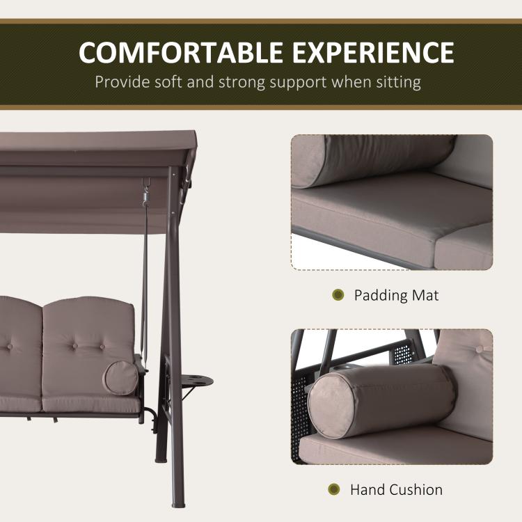 Comfort detail: taupe padded seat and cylindrical head cushions on outdoor swing